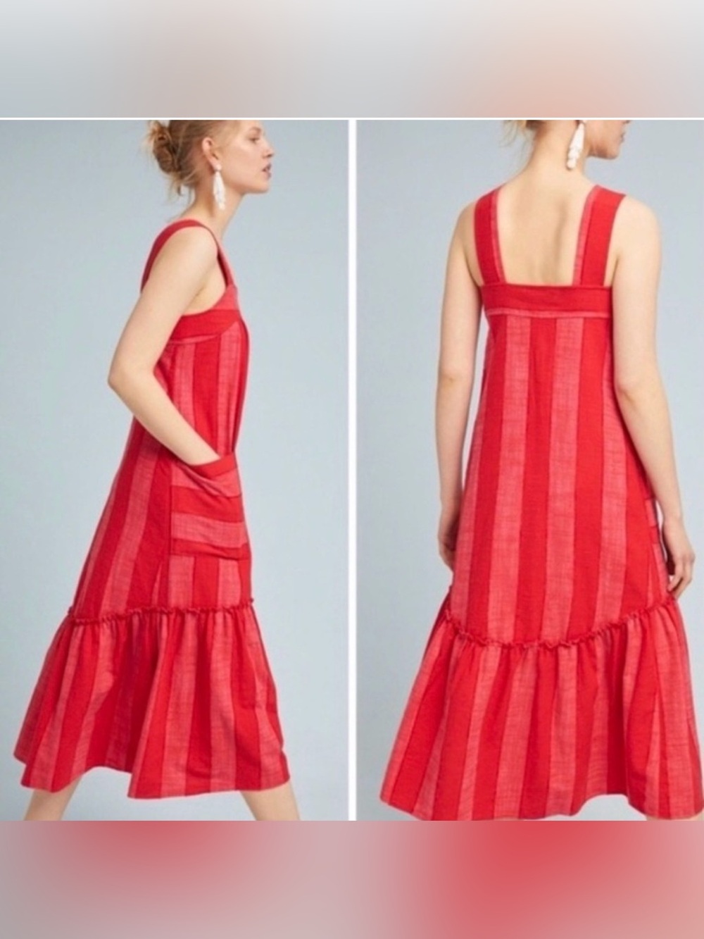 Anthropologie Maeve Red and Pink Striped Square-Neck Midi Dress in M - Picture 2 of 8